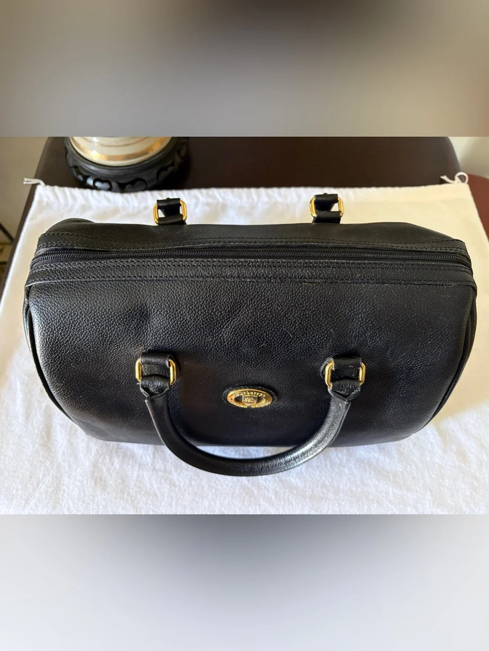 Authentic Vintage Burberrys Satchel Boston Bag Black Leather Nova Check 80-90s